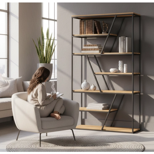 REGAŁ NA KSIĄŻKI METALOWE DREWNO LITE DĄB JESION OLCHA RNK-115